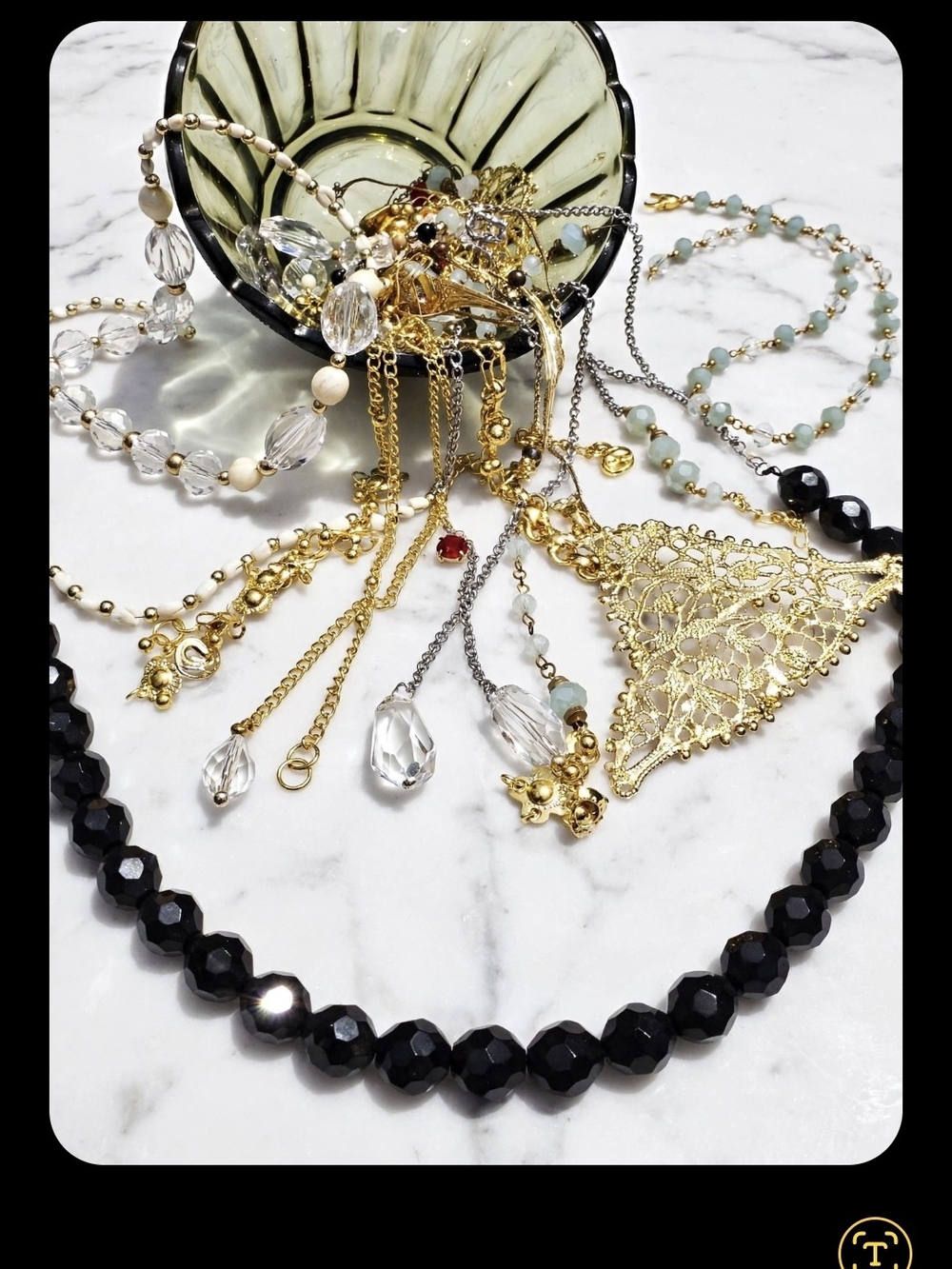 Gold Filigree Pendant Necklace with Black Beaded Strand - Women Jewelry